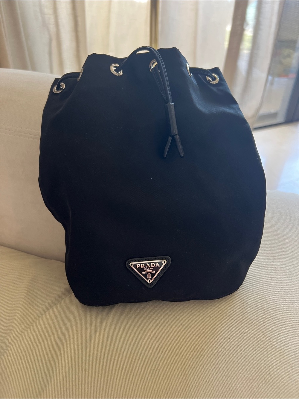 Prada Black Nylon Drawstring Backpack with Logo Plaque